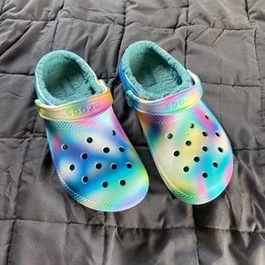 Rainbow fuzzy crocs; womens size 9, mens size 7